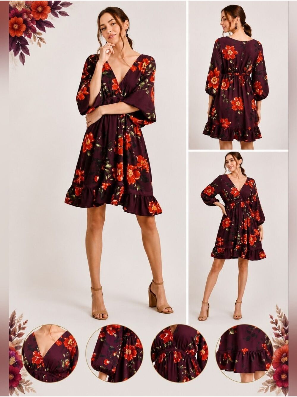 UMGEE Plum & Orange Floral Ruffle Dress | Flowy V-Neck Mini Dress | Boho Chic